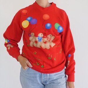 Vintage Fruit of the Loom Red Teddy Bear Balloon Graphic Festive Sweater M